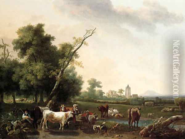 An extensive landscape with a peasant girl and a shepherd resting by a path, with cattle watering at a stream, a village beyond Oil Painting - Pierre Alexandre Pau de Saint-Martin