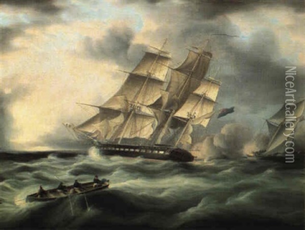 British Frigate Engaging A French Schooner Oil Painting - Thomas Buttersworth