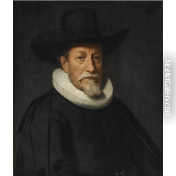 Portrait Of A Gentleman With A White Goatee, Wearing A Black Suit With A Molensteenkraag And A Black Hat Oil Painting - Dirck Dircksz van Santvoort