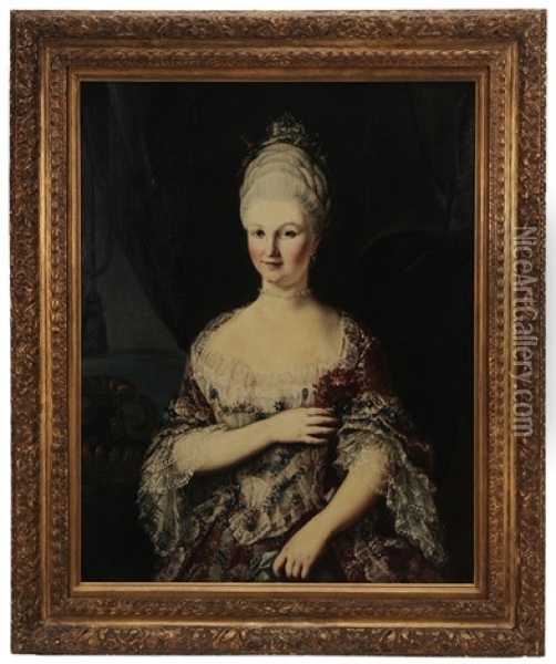 Portrait Of A Noblewoman, Wearing A Brocaded Lace And Silk Gown With Matching Headress And Holding A Dianthus Oil Painting - Giuseppe Bonito