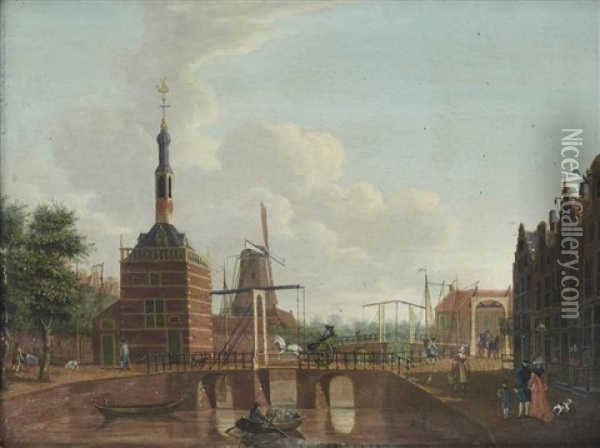 A View Of A Alkmaar, With The 'accijnstoren' On The Bierkade And The Mill 'de Bul', Carriages On The Bridges And Towns Folk At Their Daily Activities Oil Painting - Hendrik Keun