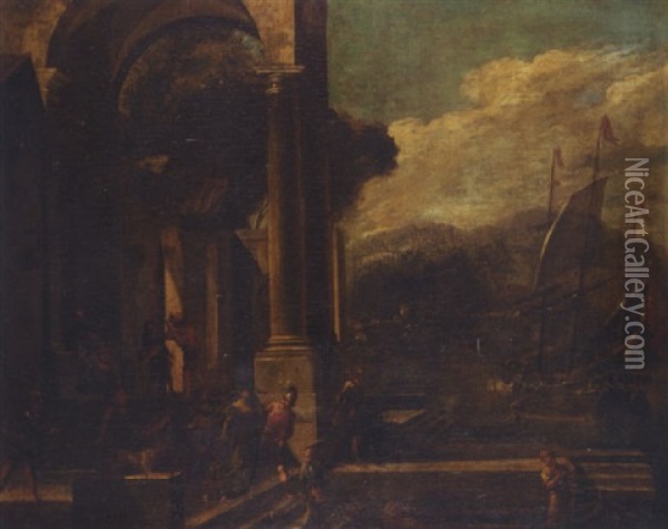 An Architectural Capriccio With The Rape Of Helen Oil Painting - Viviano Codazzi