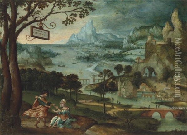 A Panoramic River Landscape With Judah And Tamar Oil Painting - Lucas Gassel