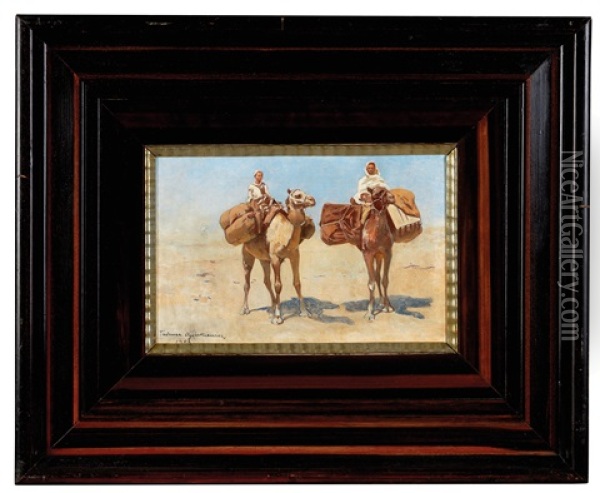Two Pack Camels In The Desert Oil Painting - Tadeusz Ajdukiewicz