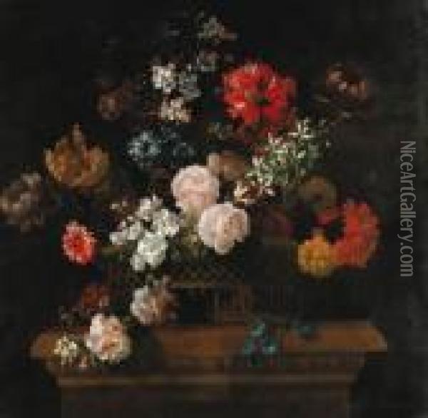 Roses, Convolvulus, Spider 
Lilies, Parrot Tulips, A Paeony Andother Flowers In A Basket On A 
Pedestal Oil Painting - Jean-Baptiste Monnoyer