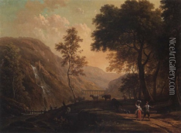 A Romantic Landscape With Figures And Cattle On A Path And A Waterfall Beyond Oil Painting - Victor de Grailly