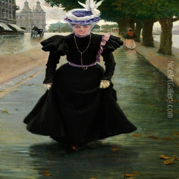 Elegant Young Lady In A Black Dress And Hat With Feathers Oil Painting - Paul-Gustave Fischer