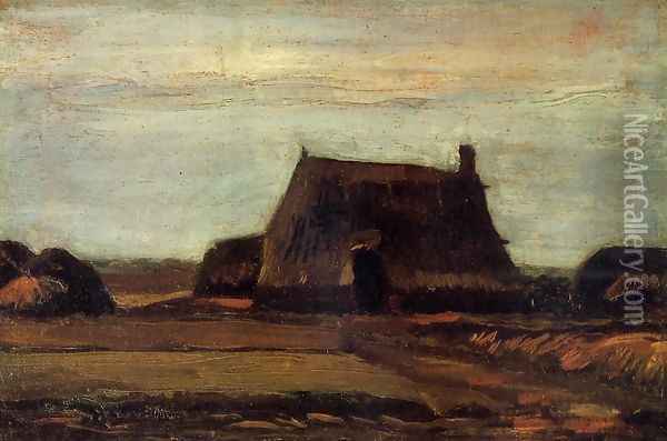 Farmhouse with Peat Stacks Oil Painting - Vincent Van Gogh