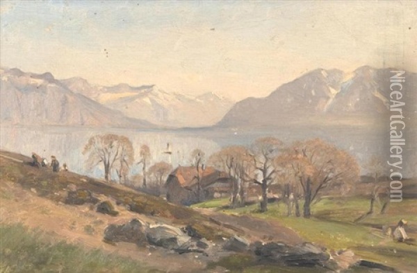 Les Monts De Corsier Sur Vevey, Le Lac Et Les Alpes Oil Painting - Auguste Louis Veillon