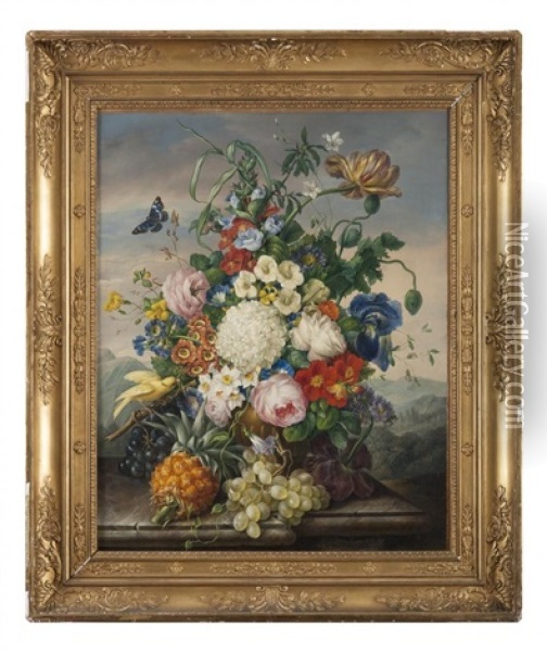 Bouquet De Fleurs Avec Un Ananas Et Du Raisin Oil Painting - Johann Knapp