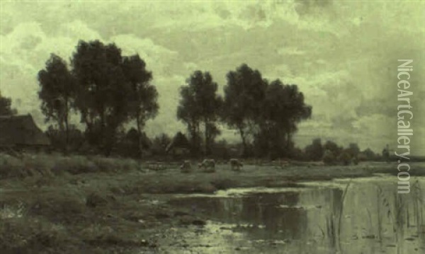 Kuhe Am Weiher In Norddeutscher Landschaft Oil Painting - Walter Moras