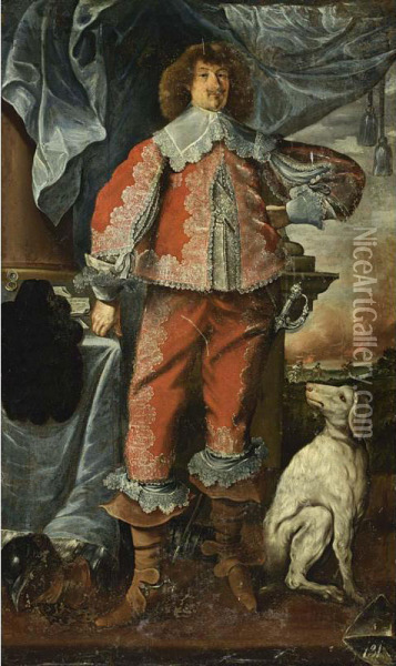 A Portrait Of A Nobleman, Full Length, With A Dog By His Side. Oil Painting - Adriaen Hanneman