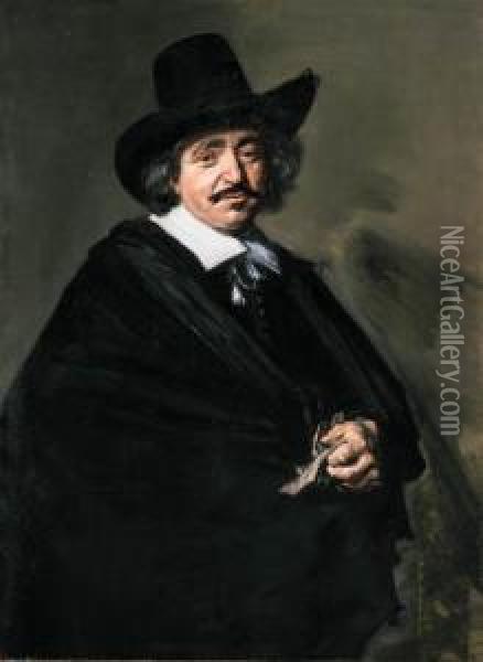Portrait Of A Gentleman, 
Three-quarter-length, In A Black Coat Andcape With A Black Hat, His 
Gloves In His Left Hand Oil Painting - Frans Hals