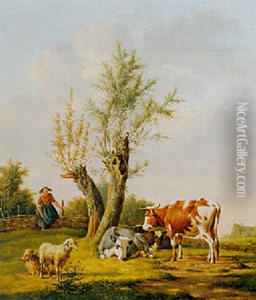 A Shepherdess With Sheep And Cows Oil Painting - Anthony Oberman
