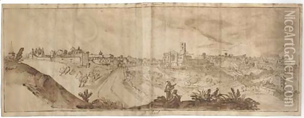 An extensive view of Perugia, a draughtsman in the foreground Oil Painting - Joos De Momper