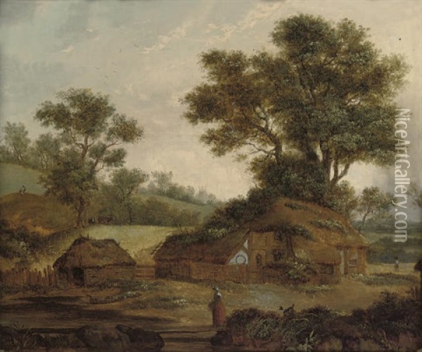 A Wooded River Landscape With A Figure Resting By The Bank, Cottages Beyond Oil Painting - Patrick Nasmyth