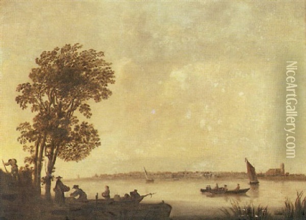 A River Landscape With Peasants Unloading A Barge, Dordrecht Beyond Oil Painting - Aelbert Cuyp