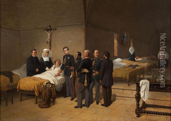King Pedro V Of Portugal And Brazil, Visiting The Wounded 1858 Oil Painting - Thomas Jones Barker