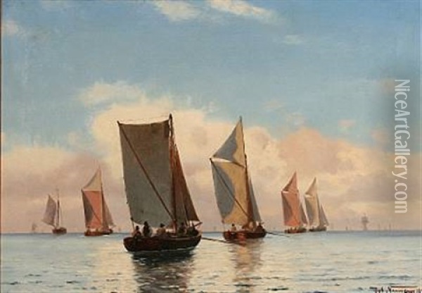 Seascape With Fishing Boats On A Summer Day Oil Painting - Johan Jens Neumann