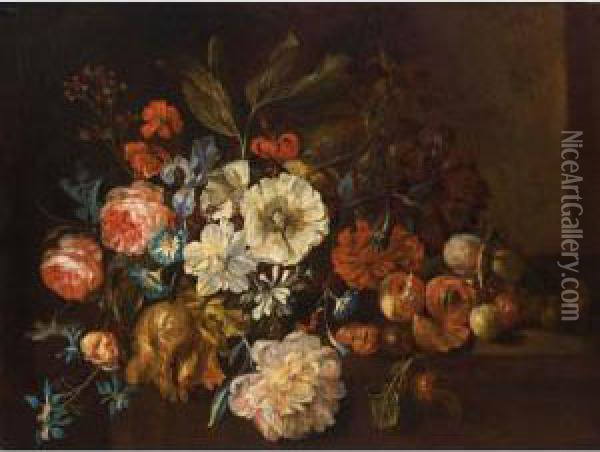 A Still Life Of Roses, Small 
Morning Glory, Tulips, Red Turban Cup Lilies, An Iris And Other Flowers,
 Peaches And Prunes, All On A Stone Ledge Oil Painting - Justus van Huysum