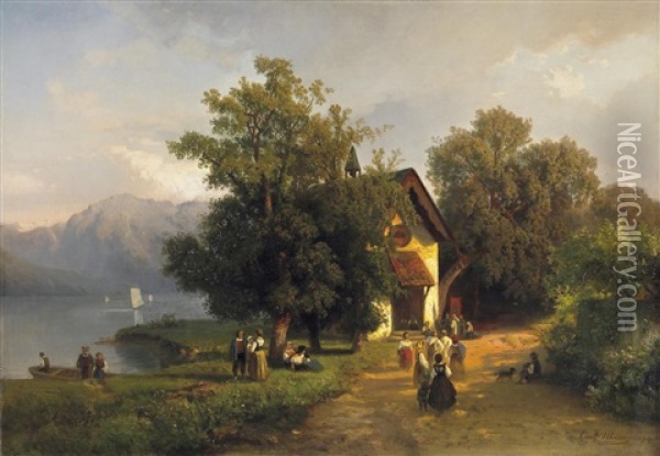 Schweizer Seenlandschaft, Sonntagsmesse Oil Painting - Emil Mann