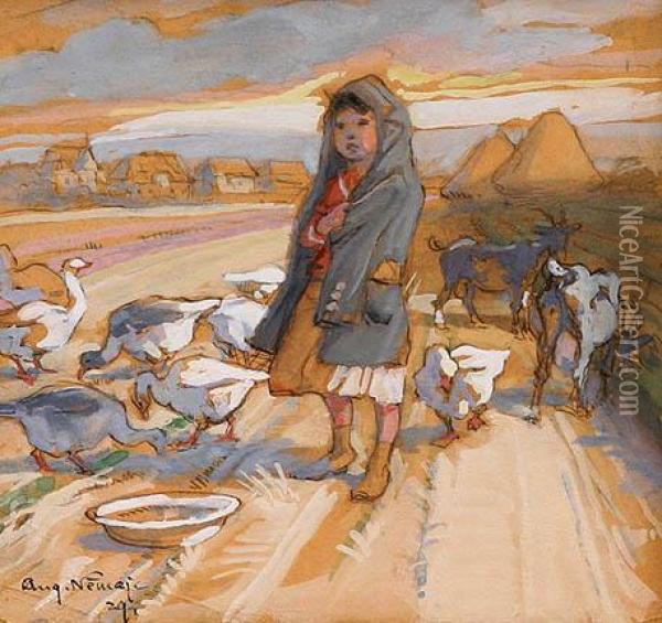 Little Shepherdess Oil Painting - Augustin Nemejc