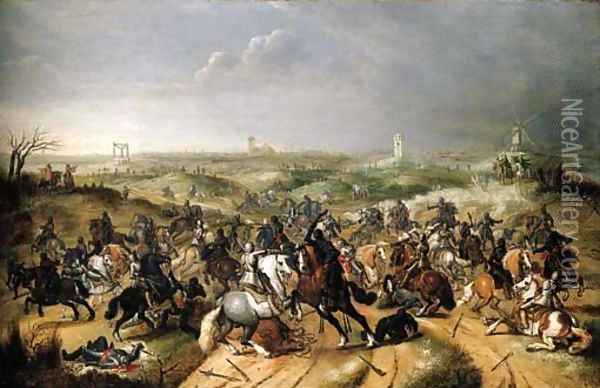 The Battle between Officers Breaute and Gerard Abrahamsz., called Lekkerbeetje, at Vught, 5 February 1600 Oil Painting - Sebastiaen Vrancx