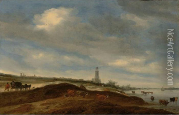 Sold By The J. Paul Getty Museum To Benefit Future Painting Acquisitions
 

 
 
 

 
 A Panoramic View Of Rhenen From The Banks Of The Rhine To The West Of The City, With The Church Of St. Cunera In T Oil Painting - Salomon van Ruysdael