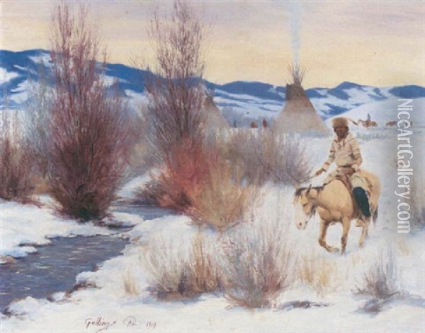 A Winter Landscape With An American Indian On Horseback Oil Painting - Elling William Gollings