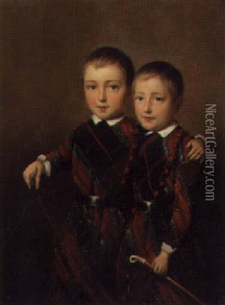 A Portrait Of Two Young Boys, Holding Riding Crops And Wearing Costume Oil Painting - Otto Eerelman