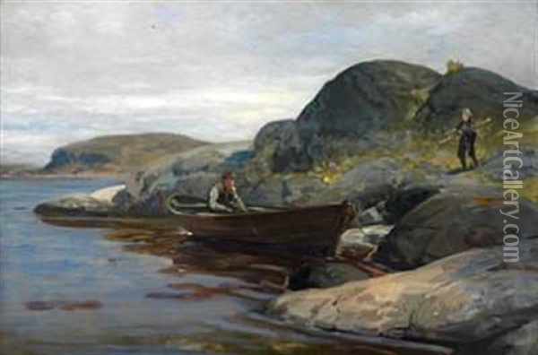 Vedsanking I Fjaera Oil Painting - Oscar Arnold Wergeland