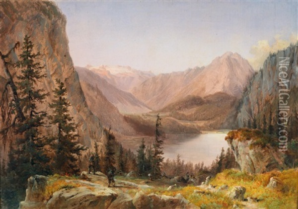 View From The Trisslwand Over The Altausseer See Towards Sarstein And Dachstein Oil Painting - Carl Reinhold
