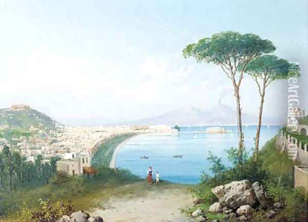 View of Naples with Mount Vesuvius beyond Oil Painting - Neopolitan School
