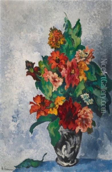 Zinnien In Schwarzweiser Vase Oil Painting - Heinrich Nauen