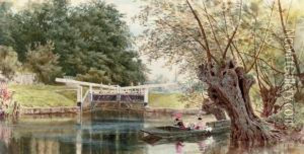 A Lazy Summer's Day Before The Lock At Sonning-on-thames, Berkshire Oil Painting - Herbert Menzies Marshall