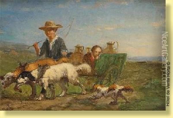 Les Enfants Et Le Chariot Attele Oil Painting - Ildephonse Stocquart