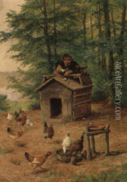 Hund Pa Taget Af Sit Hundehus Omgivet Af H+ns Oil Painting - Olaf August Hermansen