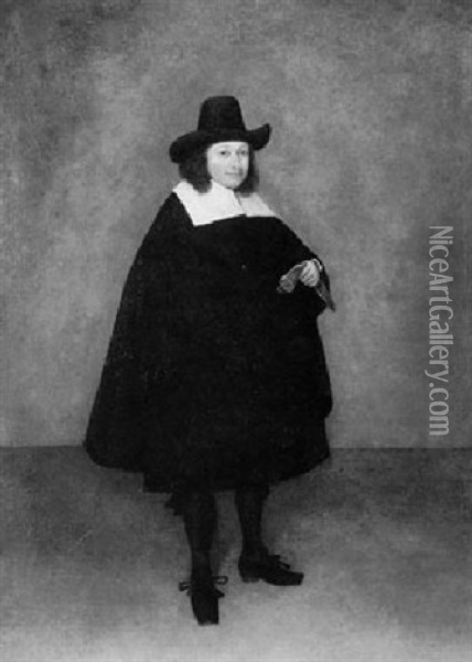 A Portrait Of A Gentleman Standing Full Length, Turned To   The Right Wearing A Black Cloak And Linen Collar... Oil Painting - Gerard ter Borch the Younger