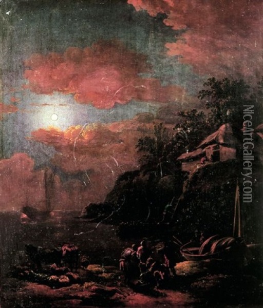 Vue D'un Bord De Riviere Au Clair De Lune Oil Painting - Adam de Colonia