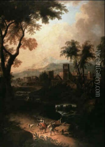 An Extensive Landscape With Figures Conversing On A Path    Before A Waterfall Oil Painting - Jan Joost van Cossiau