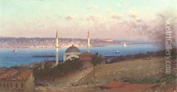 The Dolmabahce Mosque and askutdar as seen from the hills of Gutmutssutyut, Constantinople Oil Painting - Fausto Zonaro