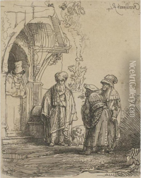 Three Oriental Figures (jacob And Laban?) (b., Holl. 118; H. 183;bb.41-f) Oil Painting - Rembrandt Van Rijn