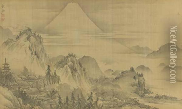 Mount Fuji And Kiyomi Temple Oil Painting - Sumie Buzen