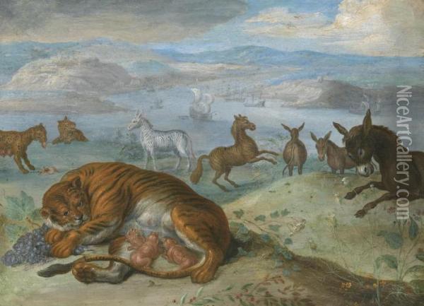 Bears, Horses And Antelope In A Landscape Oil Painting - Jan van Kessel
