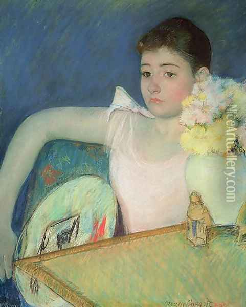 Girl in Pink with a Fan, c.1889 Oil Painting - Mary Cassatt