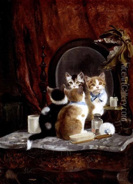 Zwei Katzchen Auf Einem Toilettisch Vor Einem Spiegel Sitzend Oil Painting - Julius Adam the Younger