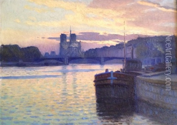 Peniche A Quai, Notre Dame De Paris Et La Seine Oil Painting - Charles Victor Guilloux