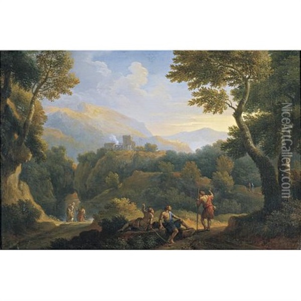 Figures In A Classical Landscape Oil Painting - Jan Frans van Bloemen