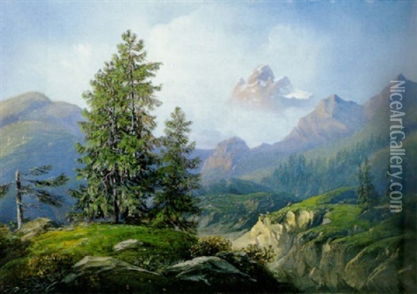 Paesaggio Alpino Con Monte Rosa Sulllo Sfondo Oil Painting - Carlo Bossoli