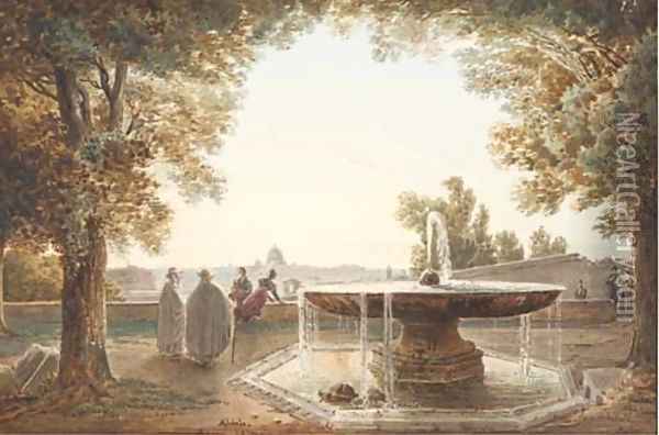 A view of Rome from the terrace of the Villa Medici, a fountain in the foreground Oil Painting - Jodocus Josse Sebastiaen Van Den Abeele